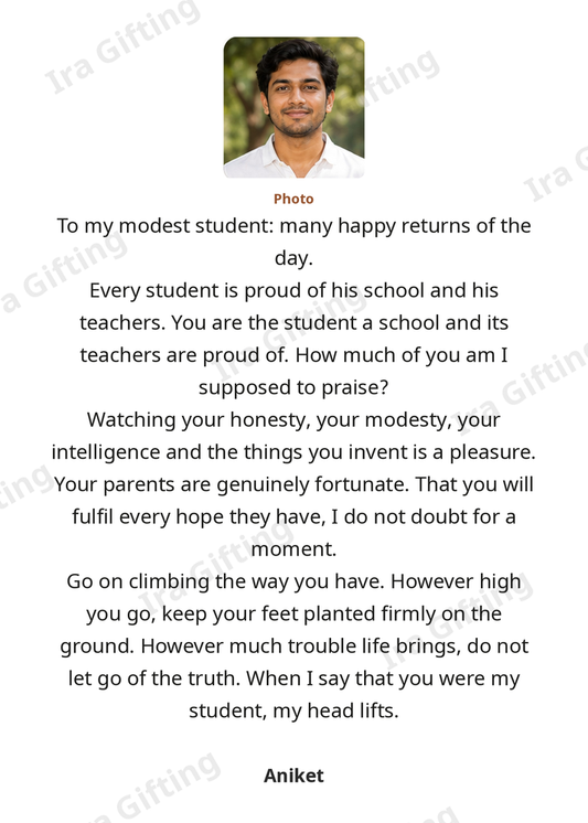 Teacher to Student letter frame in English, shown with an example photo and name