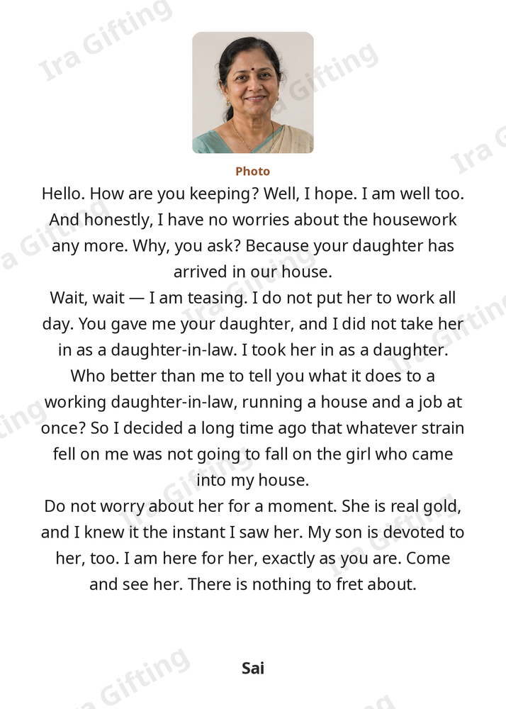 Co-mother-in-law to Co-mother-in-law letter frame in English, shown with an example photo and name
