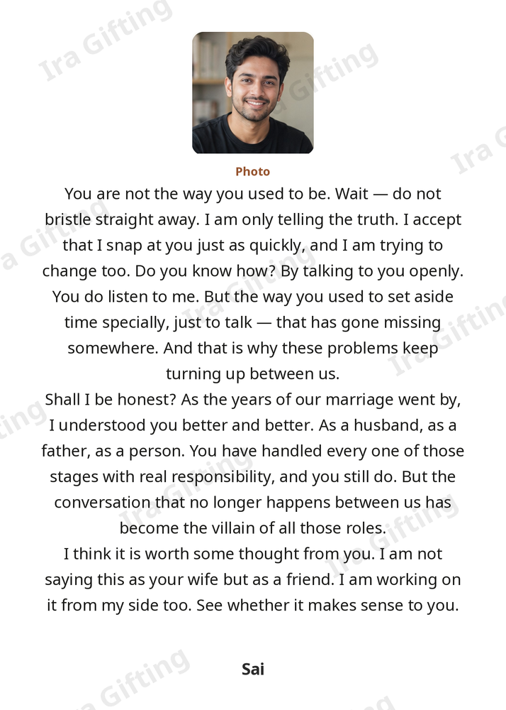 Wife to Husband letter frame in English, shown with an example photo and name