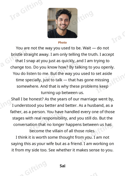 Wife to Husband letter frame in English, shown with an example photo and name