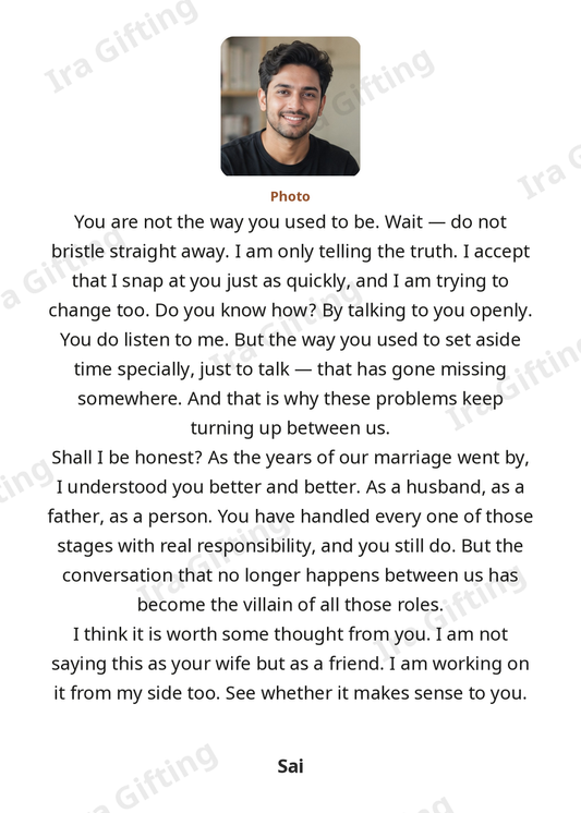 Wife to Husband letter frame in English, shown with an example photo and name