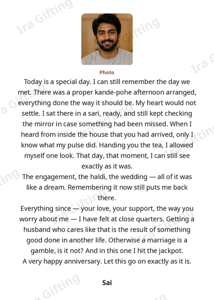Wife to Husband letter frame in English, shown with an example photo and name