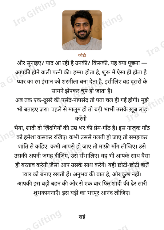 Sister-in-law to Brother-in-law letter frame in Hindi, shown with an example photo and name