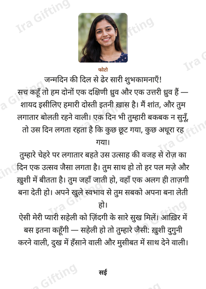 Friend to Friend letter frame in Hindi, shown with an example photo and name