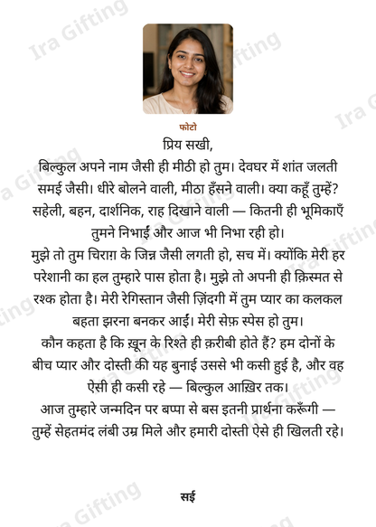 Friend to Friend letter frame in Hindi, shown with an example photo and name